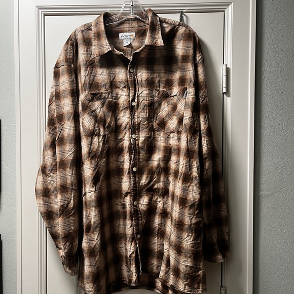 Carhartt Men Loose Fit Flannel Shirt Brown Plaid Long Sleeve 2XL - Picture 2 of 5